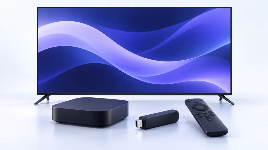 Ilustração conceitual de uma televisão, TV Box, TV Stick HDMI e controle remoto