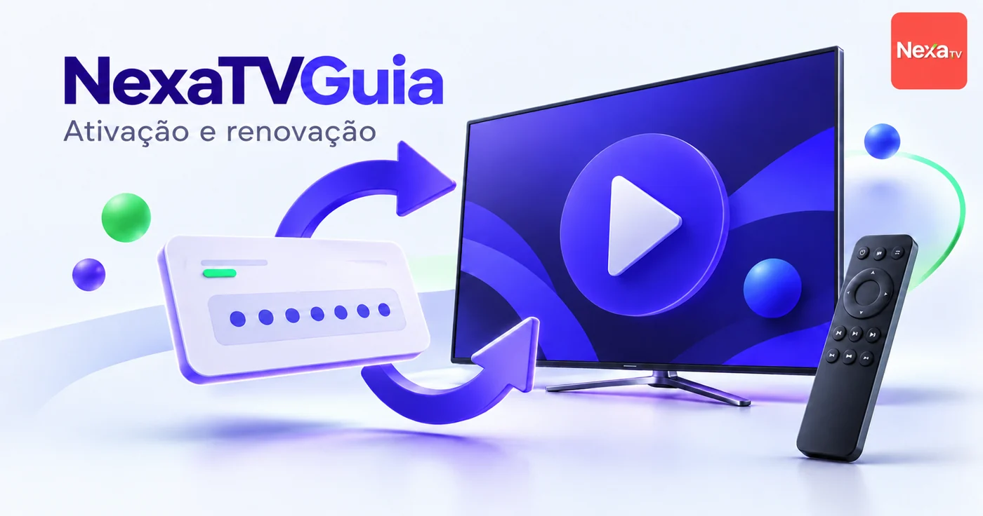 NexaTVGuia e logo NexaTV com cartão de código, televisão e setas de renovação do acesso