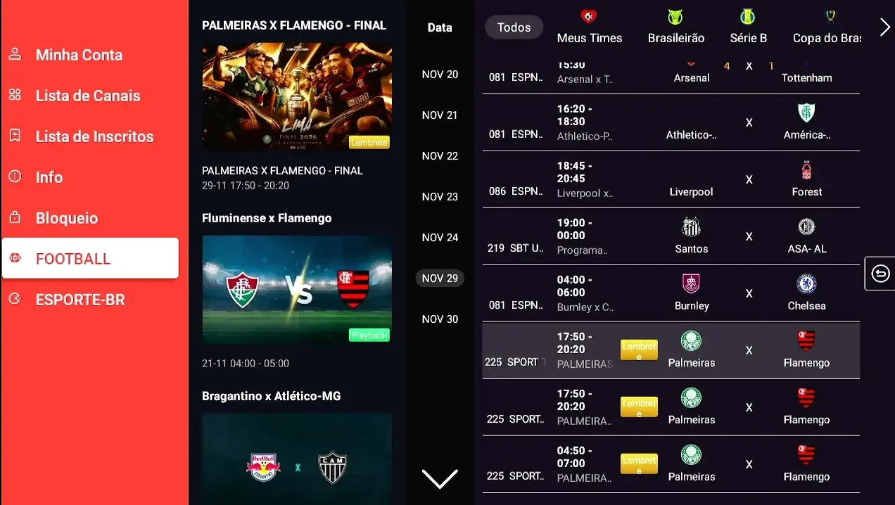 Interface do NexaTV com menu lateral vermelho e guia de programação